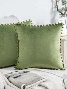 1pc Velvet Decorative Pillowcase With Pom-pom And Lace Edge - Green - View 1