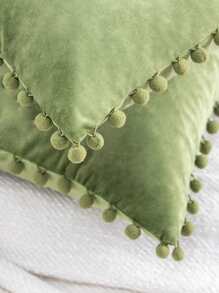 1pc Velvet Decorative Pillowcase With Pom-pom And Lace Edge - Green - View 3