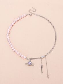 Faux Pearl Trang trí nội thất Rhinestone Planet Charm Vòng cổ - Bạc - Xem 1