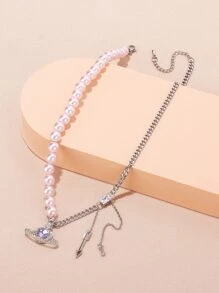 Faux Pearl Trang trí nội thất Rhinestone Planet Charm Vòng cổ - Bạc - Xem 2