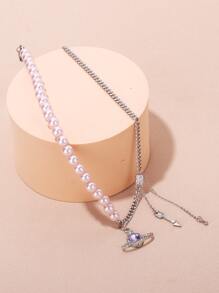 Faux Pearl Trang trí nội thất Rhinestone Planet Charm Vòng cổ - Bạc - Xem 4