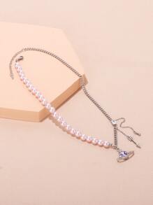 Faux Pearl Trang trí nội thất Rhinestone Planet Charm Vòng cổ - Bạc - Xem 5
