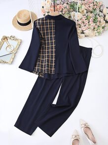 Mulvari 大碼格紋印花西裝外套和褲子 - 藏蓝色 - 查看 2