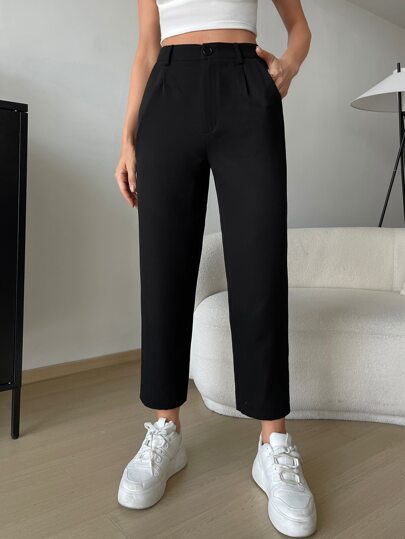 SHEIN EZwear Pantalones de traje acortados con bolsillos en diagonal de color negro para primavera/invierno