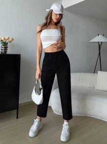 SHEIN EZwear Pantalones de traje acortados con bolsillos en diagonal de color negro para primavera/invierno - Negro - Ver 4