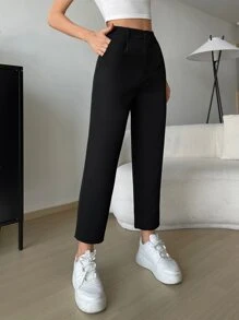 SHEIN EZwear Pantalones de traje acortados con bolsillos en diagonal de color negro para primavera/invierno - Negro - Ver 3