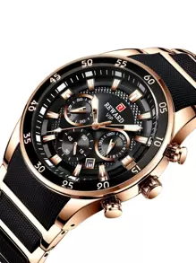 REWARD 男士石英表商务时尚计时日历夜光指针多功能男士腕表高品质礼物经典设计硅胶表带 - 黑色 - 查看 6