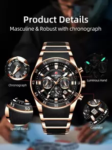 REWARD 男士石英表商务时尚计时日历夜光指针多功能男士腕表高品质礼物经典设计硅胶表带 - 黑色 - 查看 7