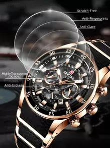 REWARD 男士石英表商务时尚计时日历夜光指针多功能男士腕表高品质礼物经典设计硅胶表带 - 黑色 - 查看 8