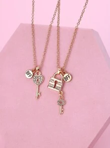 2 piezas Chica Aleación de zinc Set collar con diseño de cerradura de llave con Plástico transparente y diamantes de imitación, Adecuado para uso diario - Multicolor - Ver 2