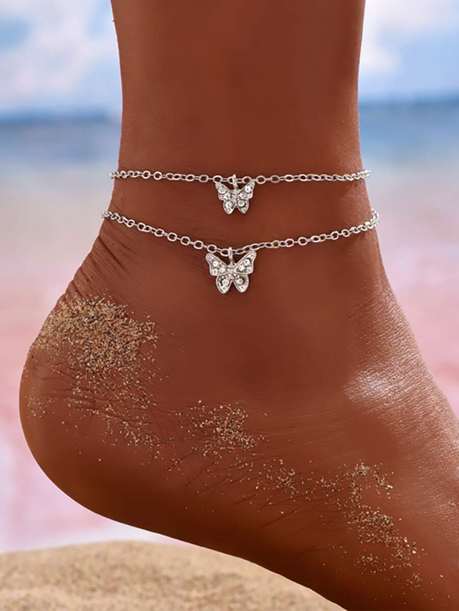 2pcs Butterfly Charm Anklet - Silver - View 1