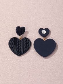 紋理質感心形耳墜 - 黑色 - 查看 2