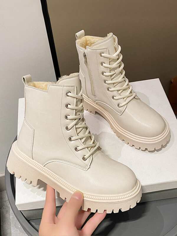 Mulheres Cor Sólida Botas De Moda Com Zíper Lateral , Amarrar , Frente Proteção E Térmico Forro