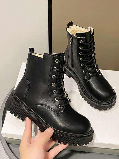 Fall/Winter Women Black Side Zip Thermal Lined Lace-Up Front Combat Boots, Fashionable Round Toe Middle Heel Boots,Fur Boots