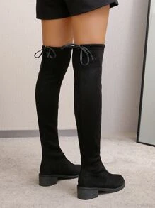 後綁帶仿麂皮彈力靴 - 黑色 - 查看 2