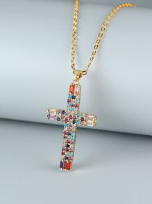 Rhinestone Cross Charm Necklace - Multicolor - View 1