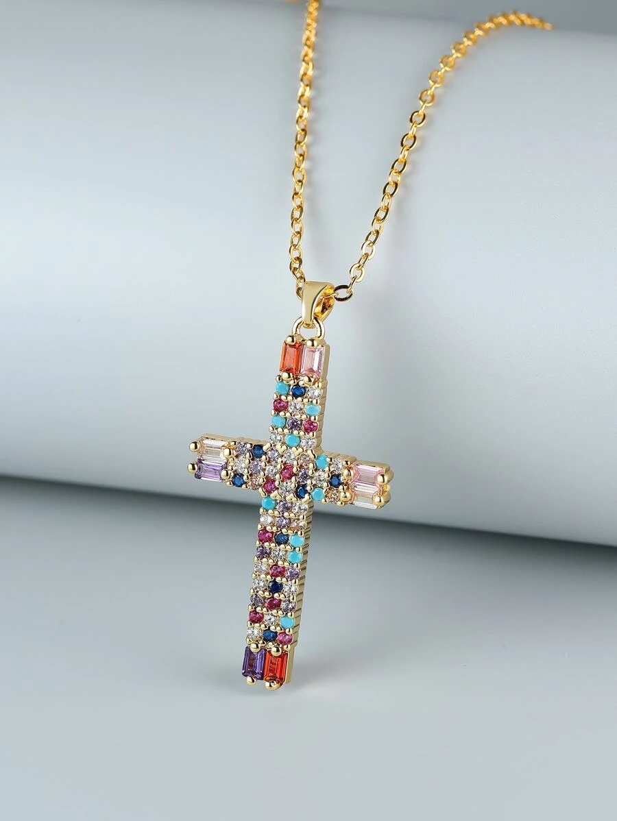 Rhinestone Cross Charm Necklace - Multicolor - View 1