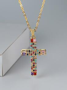 Rhinestone Cross Charm Necklace - Multicolor - View 2