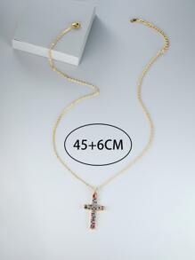 Rhinestone Cross Charm Necklace - Multicolor - View 3