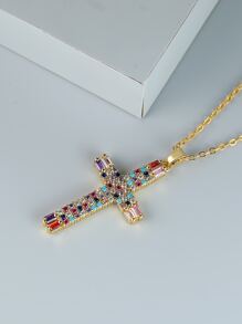 Rhinestone Cross Charm Necklace - Multicolor - View 5
