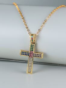 Rhinestone Cross Charm Necklace - Multicolor - View 1