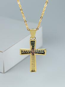 Rhinestone Cross Charm Necklace - Multicolor - View 4