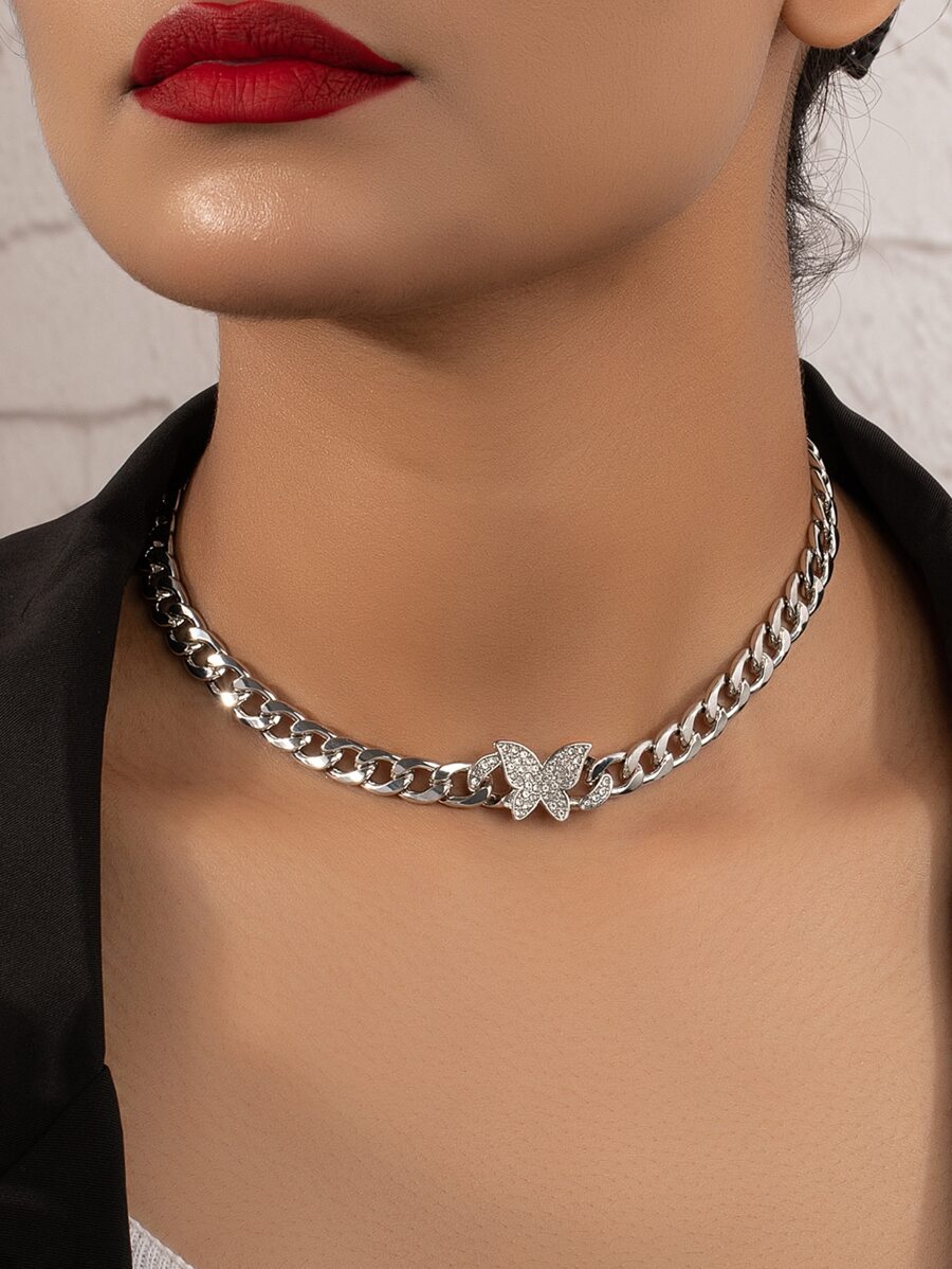 Collar con diamante de imitación con diseño de mariposa - Plateado - Ver 1