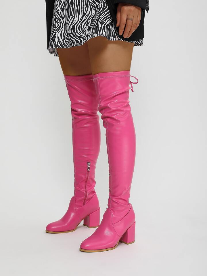 Neon pink Bow Decor Zipper Side Chunky Heeled Sock Boots SHEIN USA