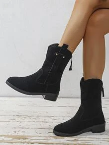 Studded Decor Zip Back Faux Suede Boots - Black - View 1