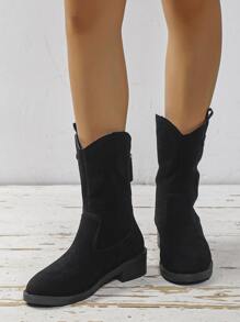Studded Decor Zip Back Faux Suede Boots - Black - View 2