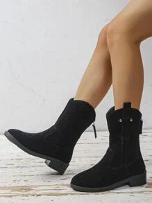 Studded Decor Zip Back Faux Suede Boots - Black - View 3