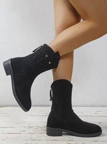 Studded Decor Zip Back Faux Suede Boots - Black - View 4