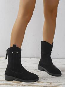 Studded Decor Zip Back Faux Suede Boots - Black - View 5