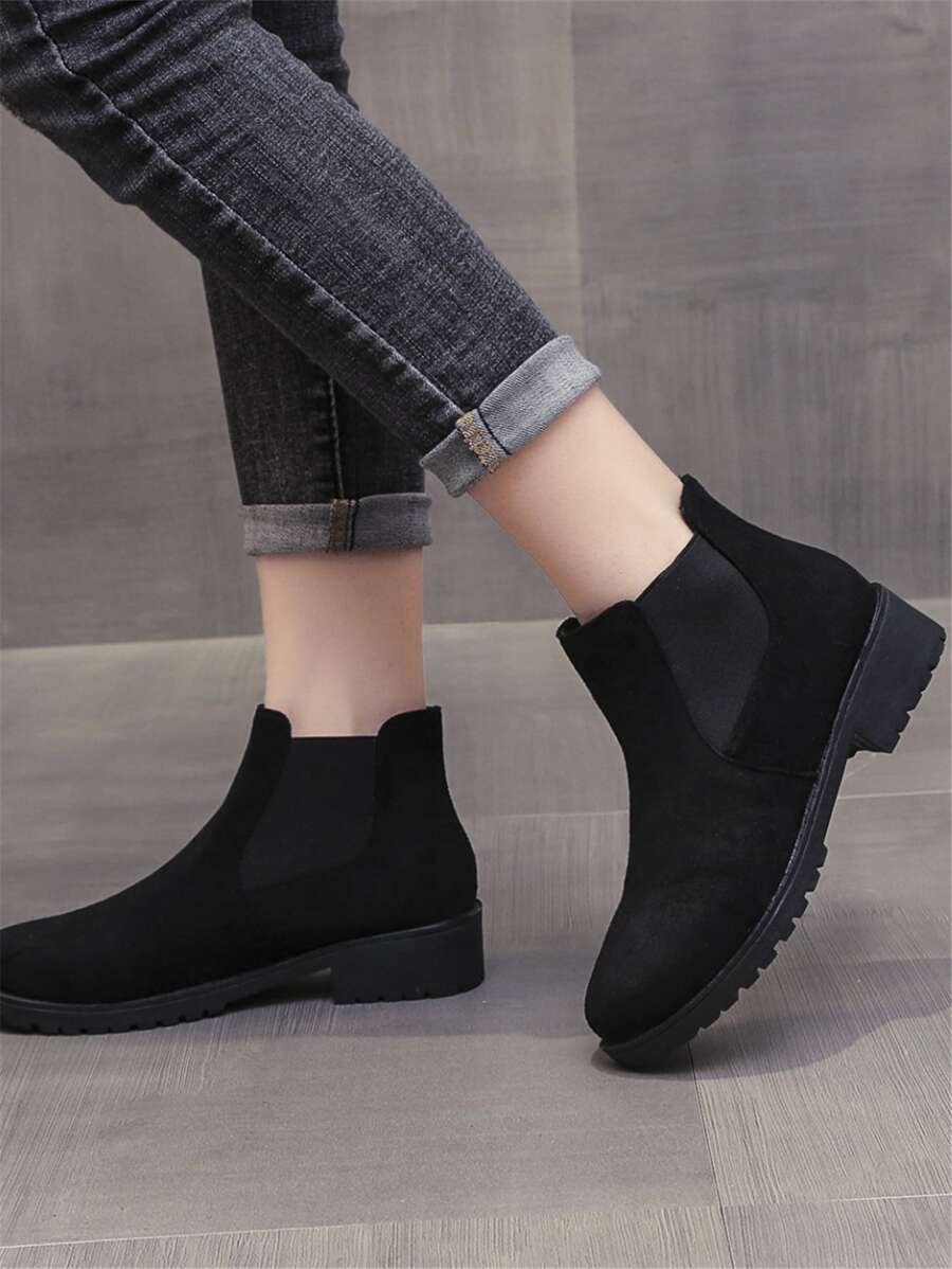 Black Elegant Solid Color Chelsea Boots, Simple Suede Style Slip-On Chelsea Boots - Black - View 1