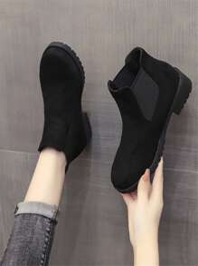 Black Elegant Solid Color Chelsea Boots, Simple Suede Style Slip-On Chelsea Boots - Black - View 2