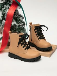 Girls Lace-up Front Zipper Side Combat Boots - Khaki - View 1