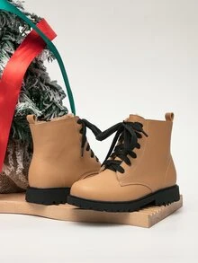 Girls Lace-up Front Zipper Side Combat Boots - Khaki - View 2