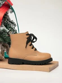 Girls Lace-up Front Zipper Side Combat Boots - Khaki - View 3