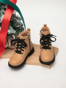 Girls Lace-up Front Zipper Side Combat Boots - Khaki - View 4