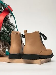 Girls Lace-up Front Zipper Side Combat Boots - Khaki - View 5