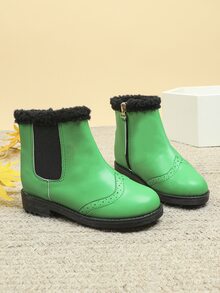 Girls Contrast Fluffy Zip Side Chelsea Boots - Green - View 3