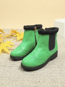 Girls Contrast Fluffy Zip Side Chelsea Boots - Green - View 4