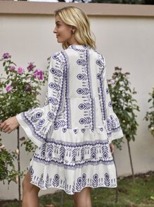 SHEIN Holidaya Vestido smock de manga con volante con estampado geométrico - Azul y blanco - Ver 2