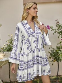 SHEIN Holidaya Vestido smock de manga con volante con estampado geométrico - Azul y blanco - Ver 3