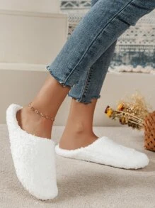 女士纯色室内拖鞋，静音一脚蹬 - 白色 - 查看 4