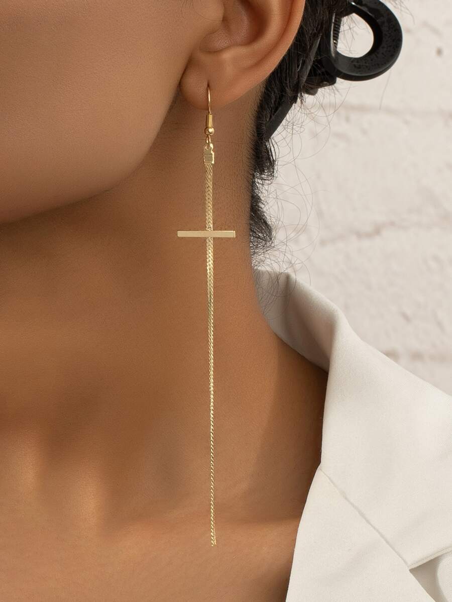 十字架吊坠耳环 - 金黃色 - 查看 1