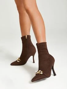 Corduroy Chain & Rhinestone Decor Stiletto Heeled Sock Boots - Coffee Brown - View 2
