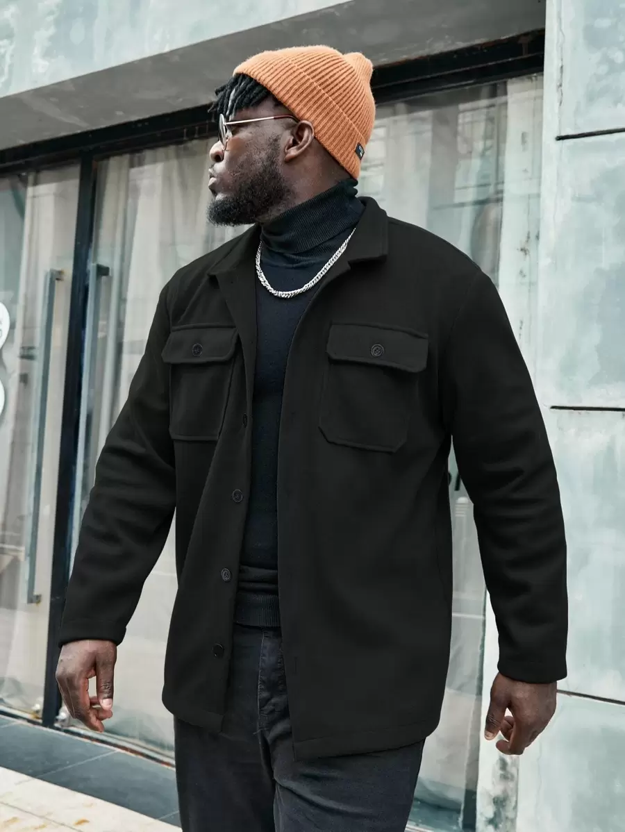 Manfinity Homme Hombres Abrigo con bolsillo con solapa - Negro - Ver 1