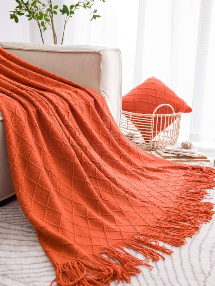 1pc Plain Tassel Throw Blanket - Burnt Orange - View 1