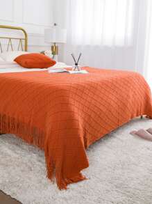 1pc Plain Tassel Throw Blanket - Burnt Orange - View 3